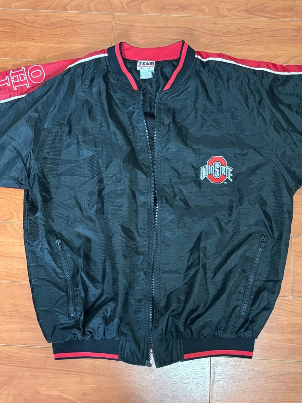 Black and Red Collegiate Bomber Jacket with Ohio State Logo (Broken Zipper)